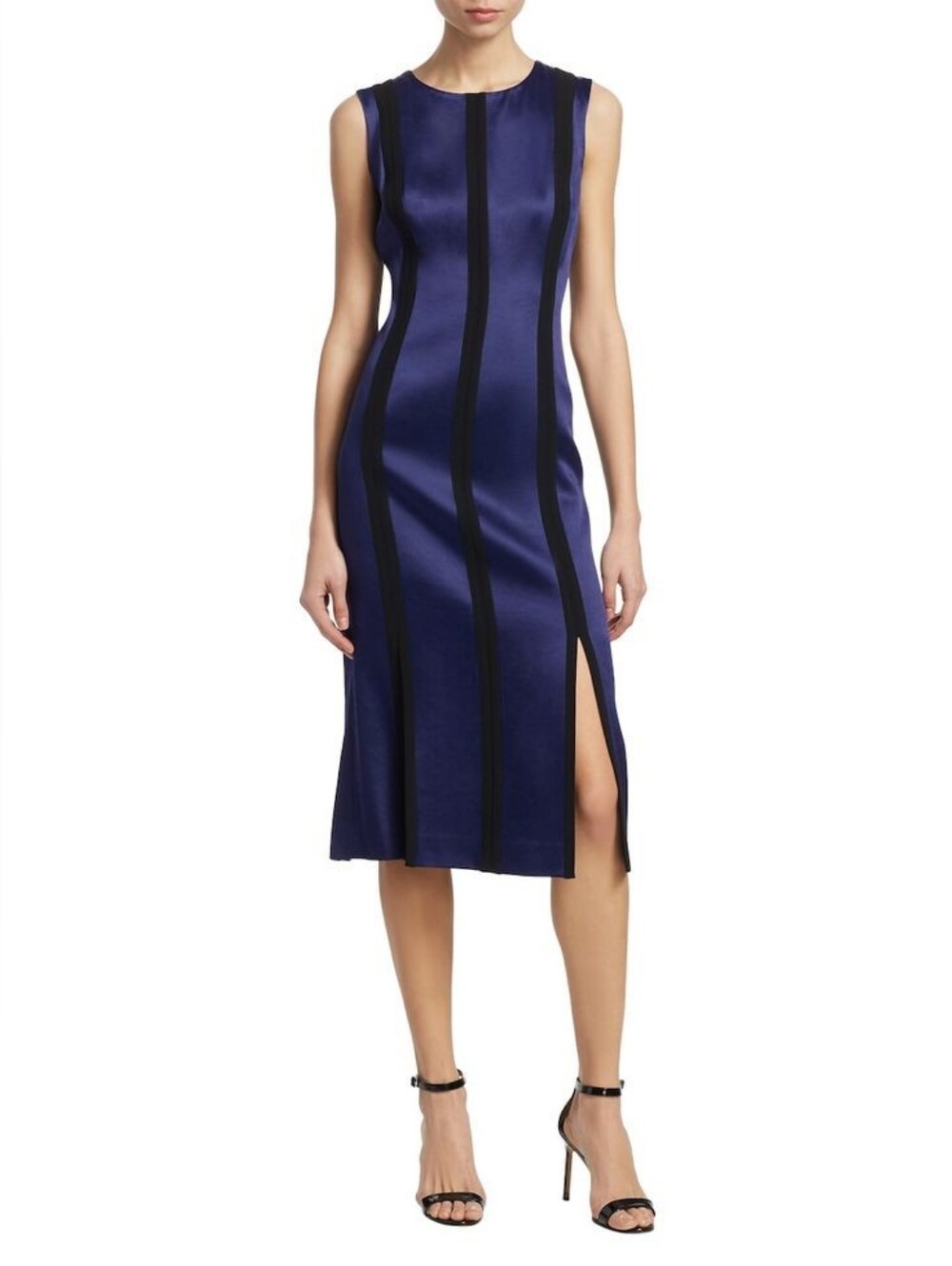 Diane Von Furstenberg Tailored Paneled Midi Dress Blue Black Stripe Slits Sz 2